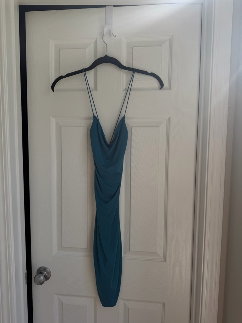 Teal Cowl Neck Mini Slip Dress with Double Spaghetti Straps